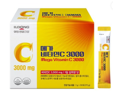 ILDONG เมกะวิตามินซี 3000 มก. วิตามินซีเข้มข้นสูง 100% บริสุทธิ์ (สำหรับใช้ 3 เดือน) 1 กล่อง 270 กรัม
